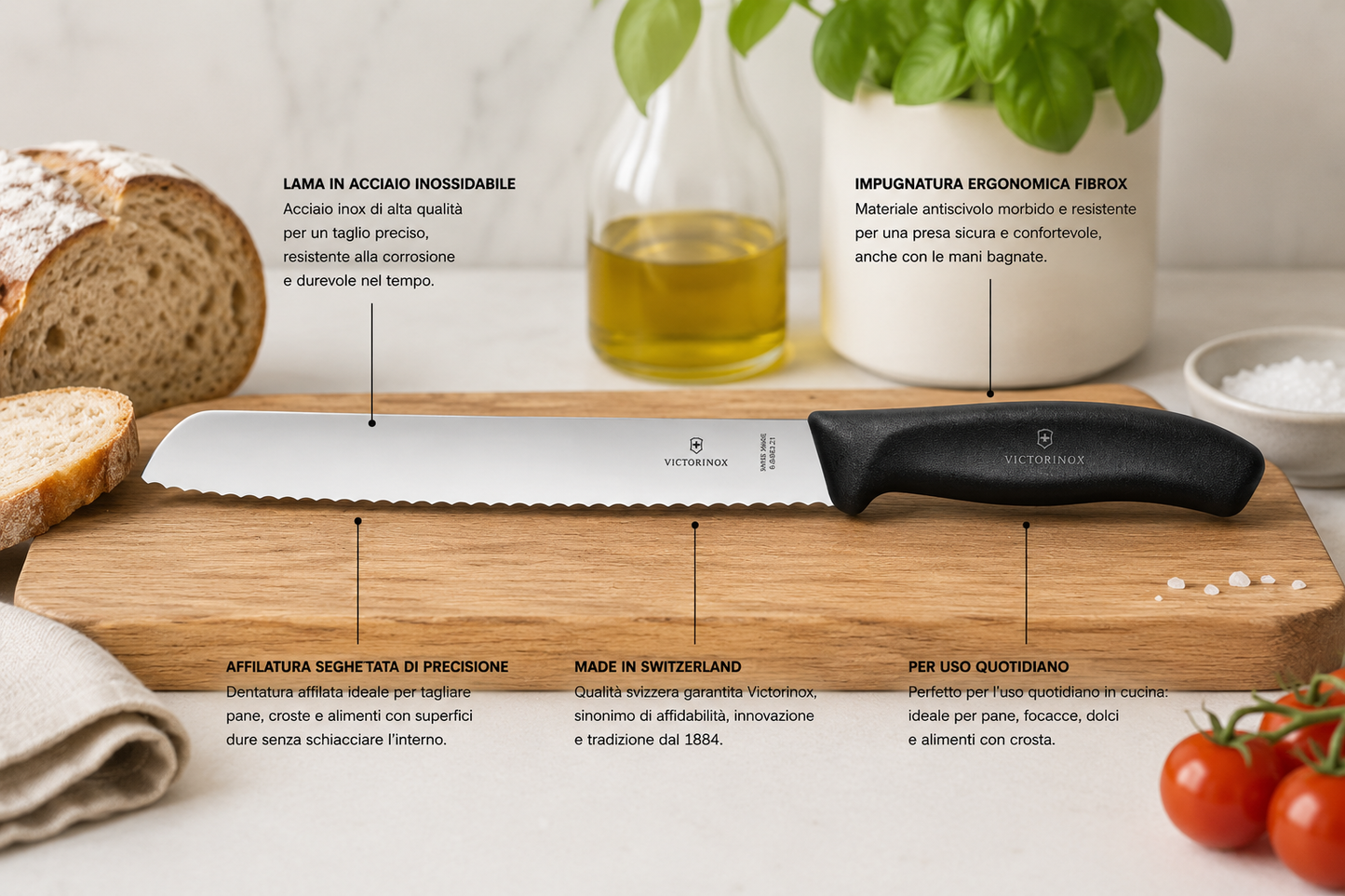 Victorinox Swiss Classic 21 cm dettaglio lama seghettata e manico Fibrox ergonomico – Tuttocasa Domodossola