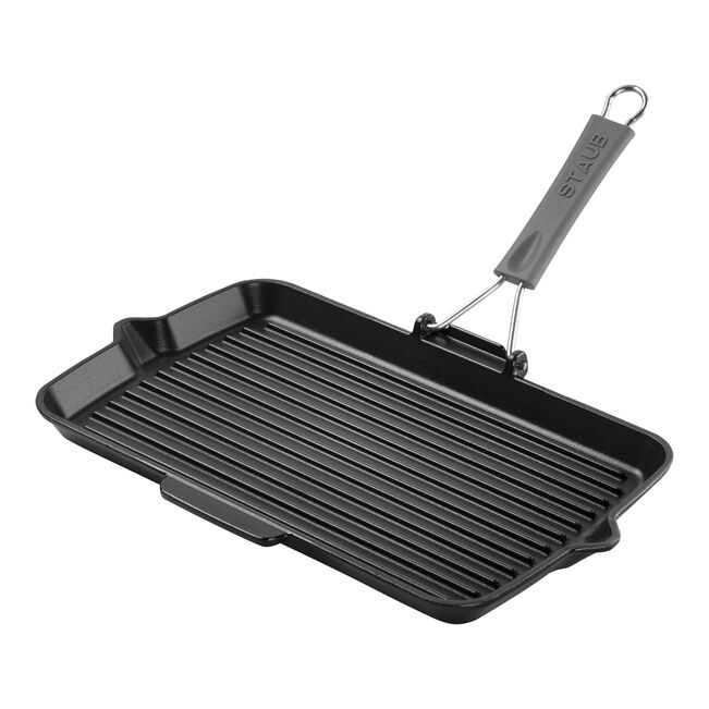 Staub bistecchiera ghisa nera dettaglio scanalature manico silicone pieghevole | Tuttocasa Domodossola