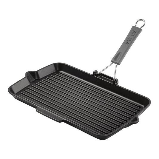 Staub bistecchiera ghisa nera dettaglio scanalature manico silicone pieghevole | Tuttocasa Domodossola