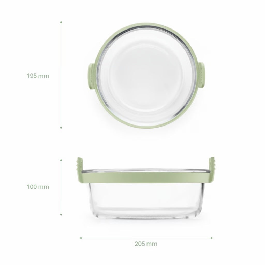 Lekuè pirofila rotonda in vetro trasparente con manici silicone verde su sfondo bianco – Tuttocasa Domodossola