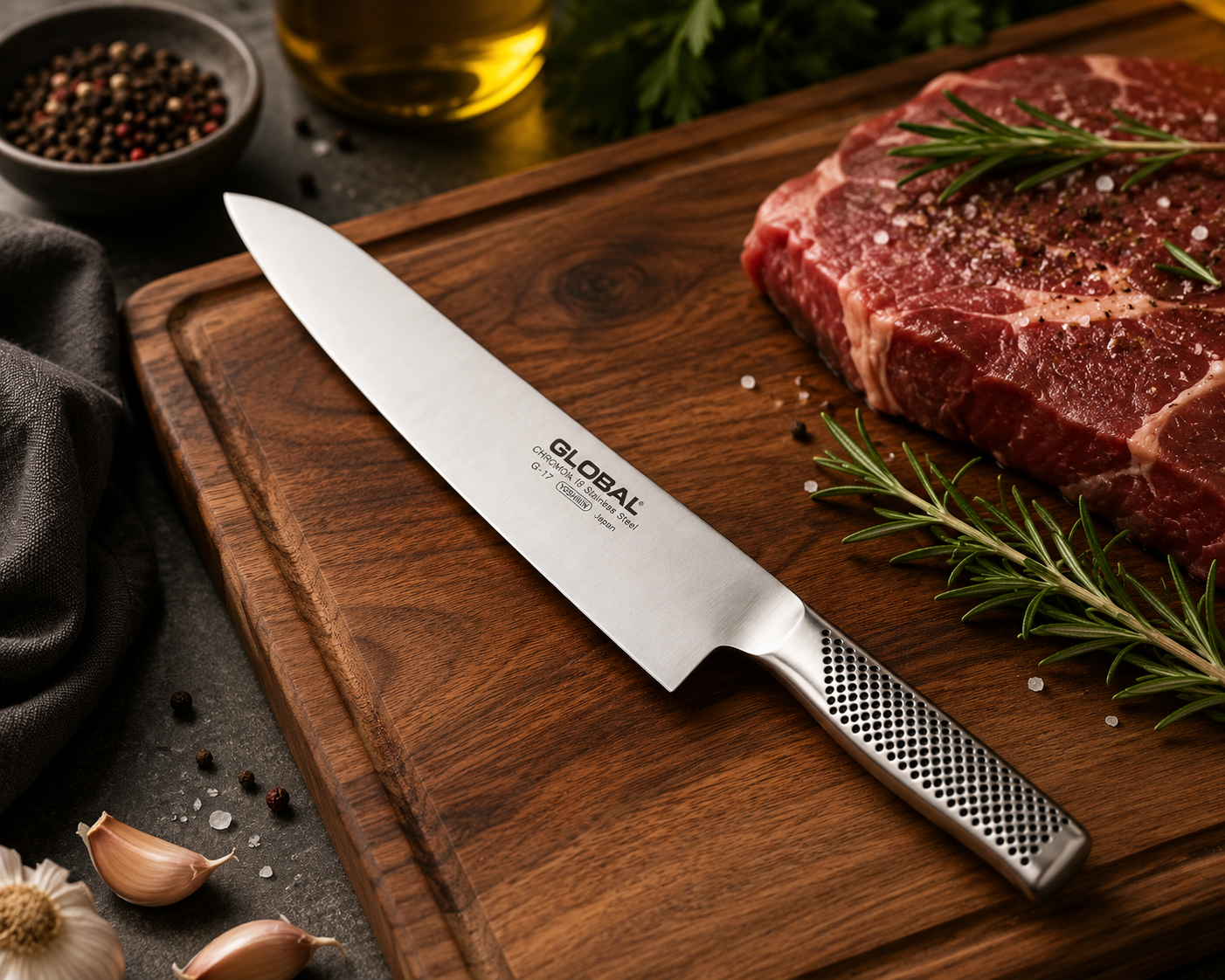 Global G-17 Coltello da Cuoco 27 cm su tagliere con carne – Tuttocasa Domodossola