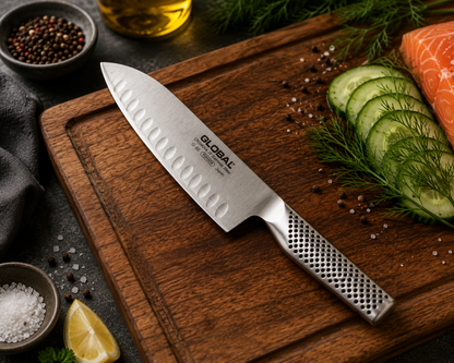 Global G-80 Coltello Santoku Lama Alveolata 18 cm su tagliere con carne – Tuttocasa Domodossola