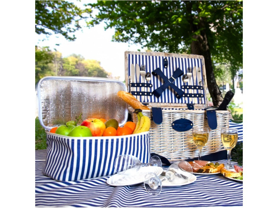 WD Lifestyle cestino picnic vimini 4 persone blu bianco aperto sull'erba – Tuttocasa Domodossola