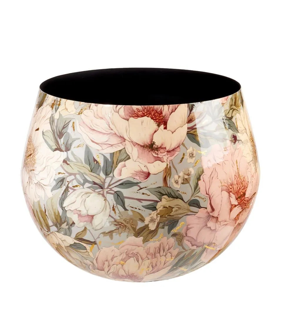 Giara vaso basso in metallo con decoro floreale romantico, collo ampio e dettagli oro