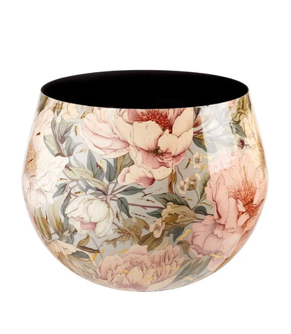 Giara vaso basso in metallo con decoro floreale romantico, collo ampio e dettagli oro