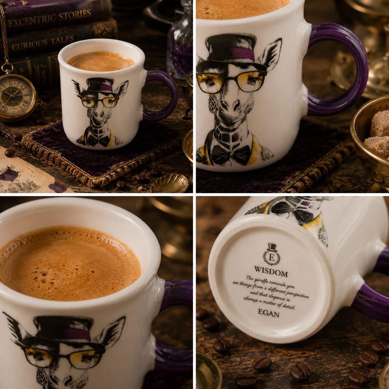 Dettaglio Egan Human Essence Tazza Caffè Giraffa Far-Sightedness manico viola e fondo con messaggio – Tuttocasa Domodossola