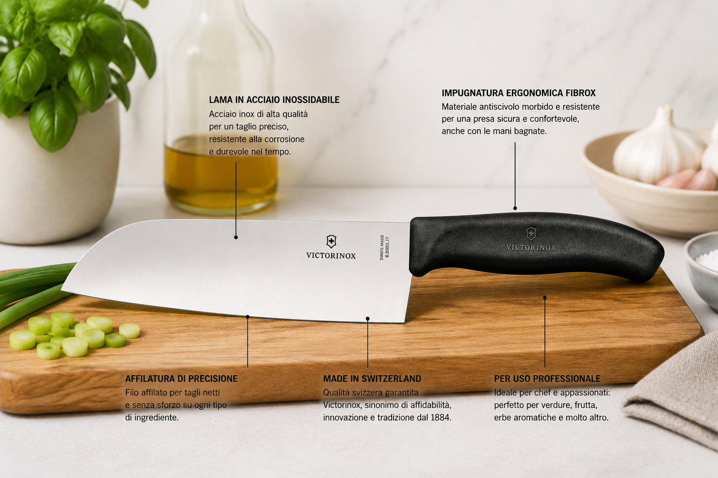 Victorinox Santoku 17 cm dettaglio lama inox e manico Fibrox ergonomico – Tuttocasa Domodossola