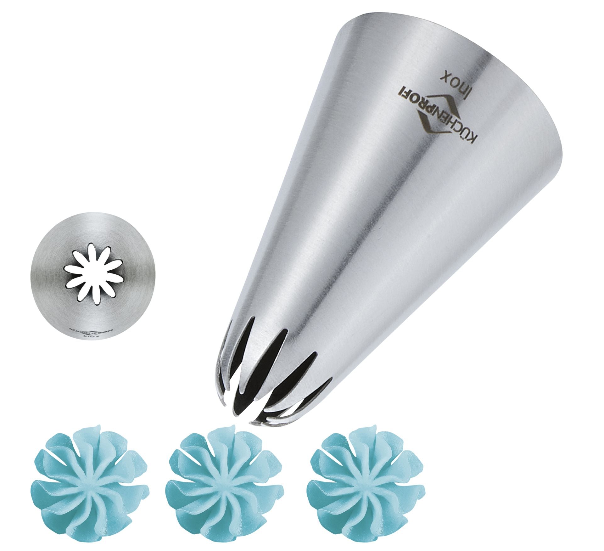 Beccuccio a fiore Küchenprofi Bake 14 mm inox con esempi decorazioni sac-à-poche | Tuttocasa Domodossola