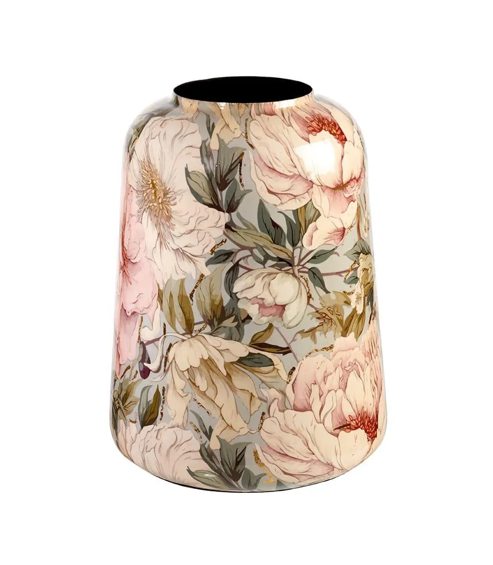 Giara vaso in metallo con decoro floreale romantico e dettagli oro, collo stretto