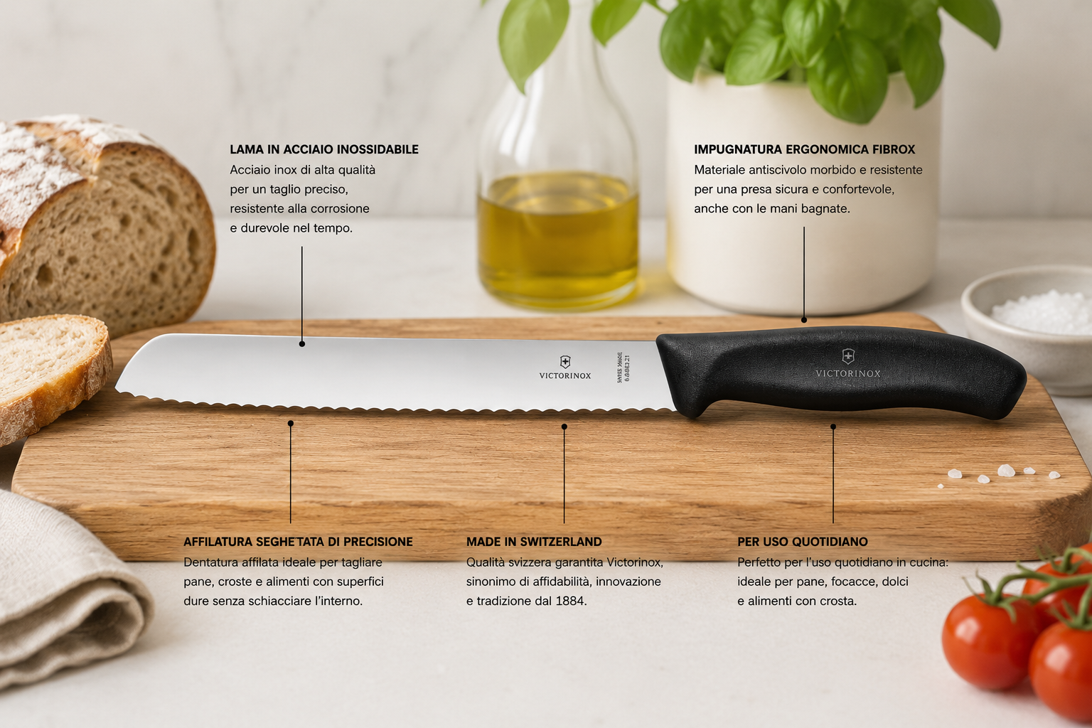 Victorinox Swiss Classic 21 cm dettaglio lama seghettata e manico Fibrox ergonomico – Tuttocasa Domodossola