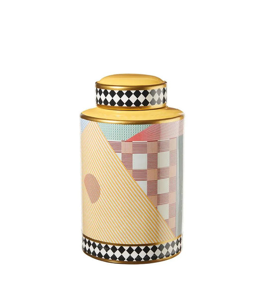 Giara in porcellana con coperchio, decoro geometrico multicolore e dettagli oro